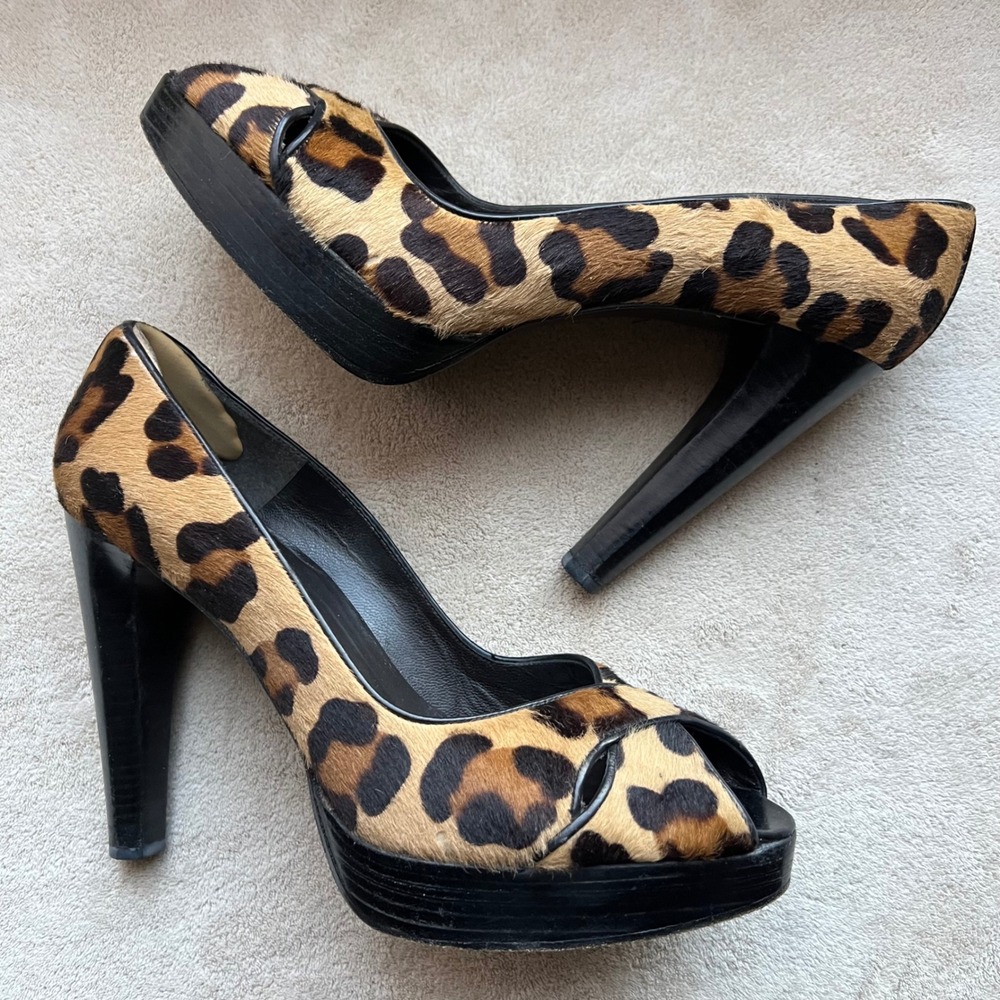 Stuart Weitzman Leopard Print‎ Calf Hair Peep Toe Platform Stiletto Heel Women 9